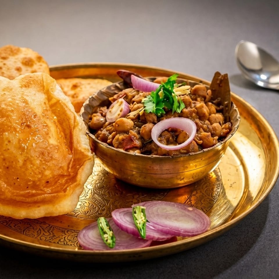 A golden plate holds chole bhature, a bowl of chickpeas, and sliced onions with green chilies.