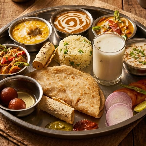 A traditional Indian thali meal with various curries, rice, bread, dessert, and drinks on a metal platter.