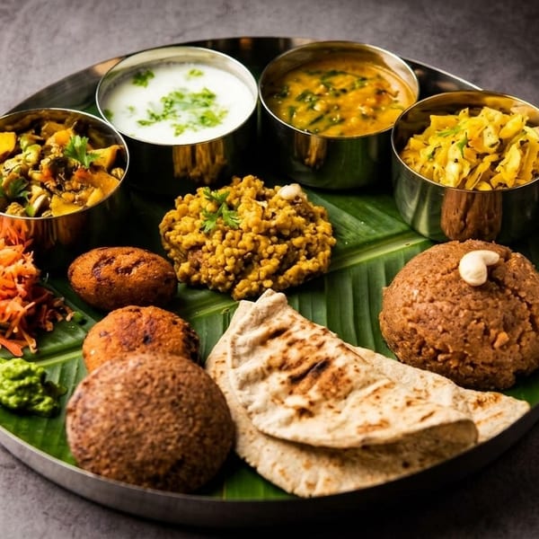 A traditional Indian thali meal with various dishes, including curries, flatbread, and sweets, served on a banana leaf.