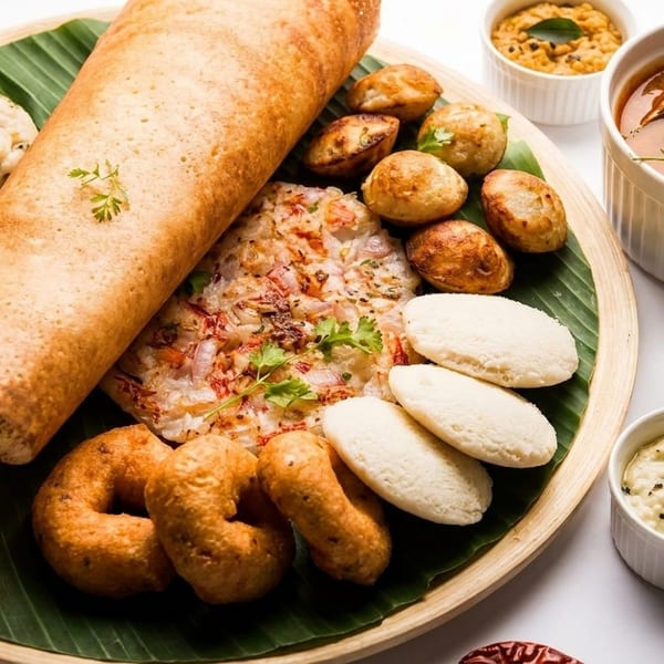 A South Indian breakfast platter with dosa, idli, vada, upma, and chutneys on a banana leaf.