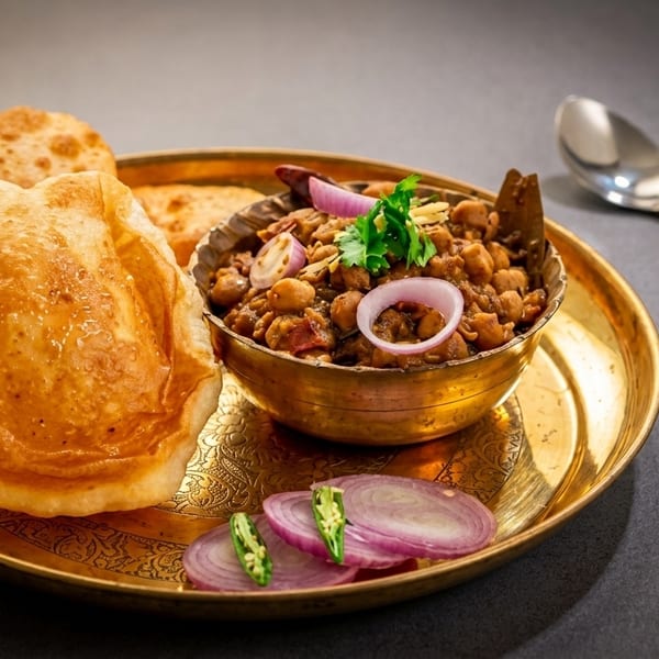 Golden puri bread and a brass bowl of chana masala with red onion and green chili.
