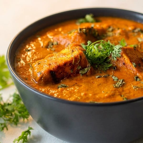 A black bowl filled with paneer butter masala, garnished with fresh cilantro, on a white surface.