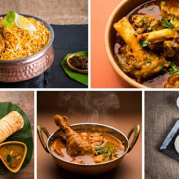A collage of five Indian dishes: chicken biryani, goat curry, dosa, chicken curry, and idli with chutneys.